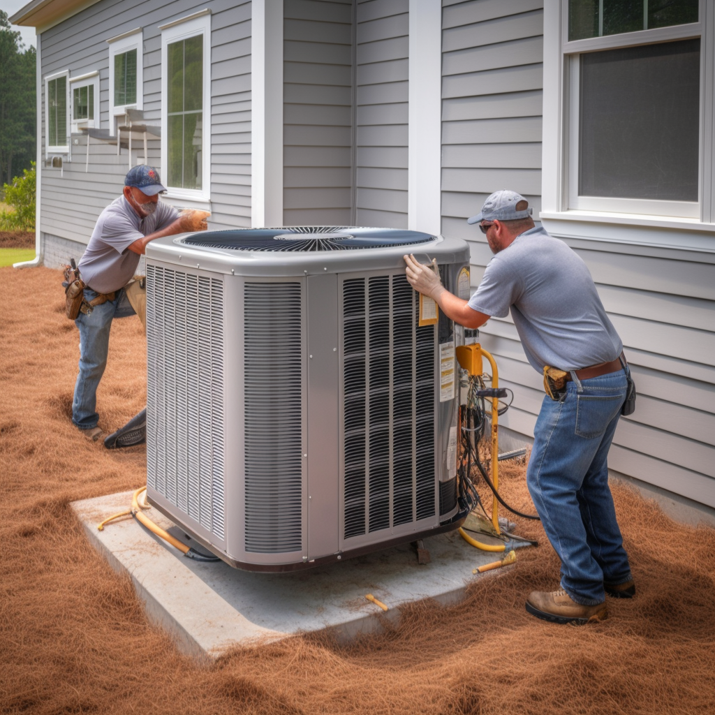 HVAC techs installing a new AC unit